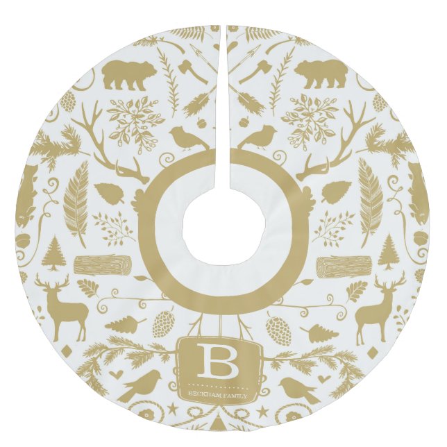Monogram Woodland Holiday Tree Skirt / Gold Polyester Weihnachtsbaumdecke (Vorderseite)