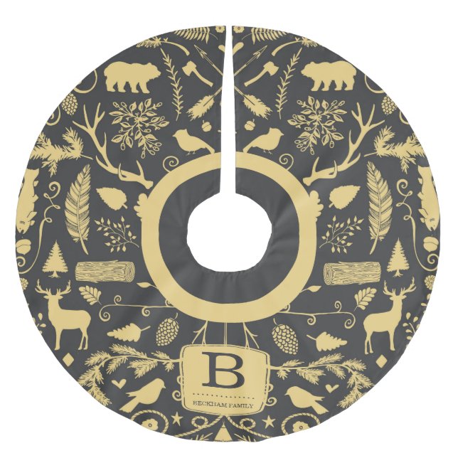 Monogram Woodland Holiday Tree Skirt Polyester Weihnachtsbaumdecke (Vorderseite)