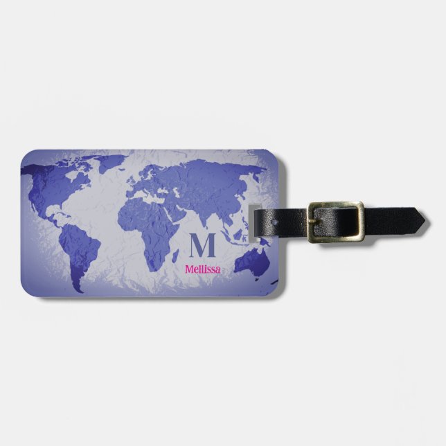 Monogram World Map Blue Pink Name Gift Favor Gepäckanhänger (Vorderseite horizontal)