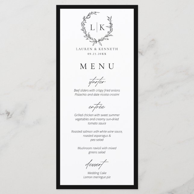 Monogram Wreath Black | White Wedding Menu Card (Devant)