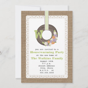 Monogram Wreath Burlap Housewarming Party Einladung