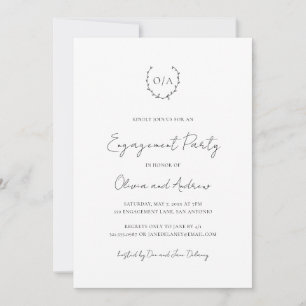 Monogram Wreath Classic Elegant Engagement Party Einladung