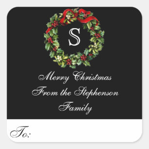 Monogram Wreath Custom Christmas-Geschenketikett Quadratischer Aufkleber