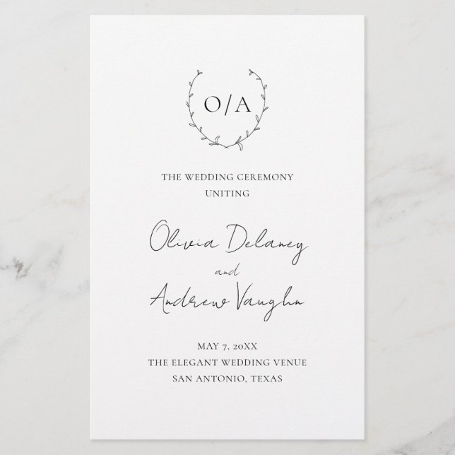 Monogram Wreath Elegant Budget Wedding Programm Flyer (Vorne)