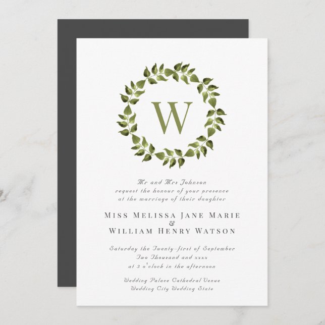 Monogram Wreath Green Wedding Einladung (Vorne/Hinten)