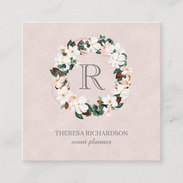 Monogram Wreath Pink Linen Symbol für soziale Medi Quadratische Visitenkarte (Vorderseite)