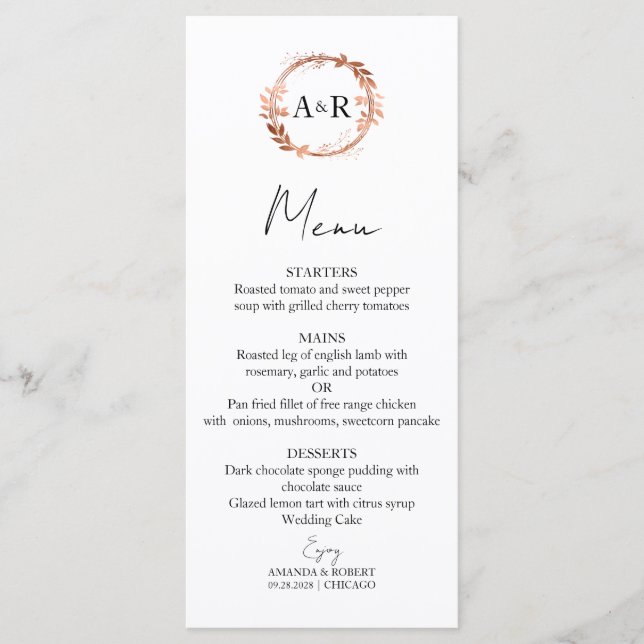 Monogram Wreath Rose Gold Foil Foto Hochzeit Menükarte (Vorderseite)