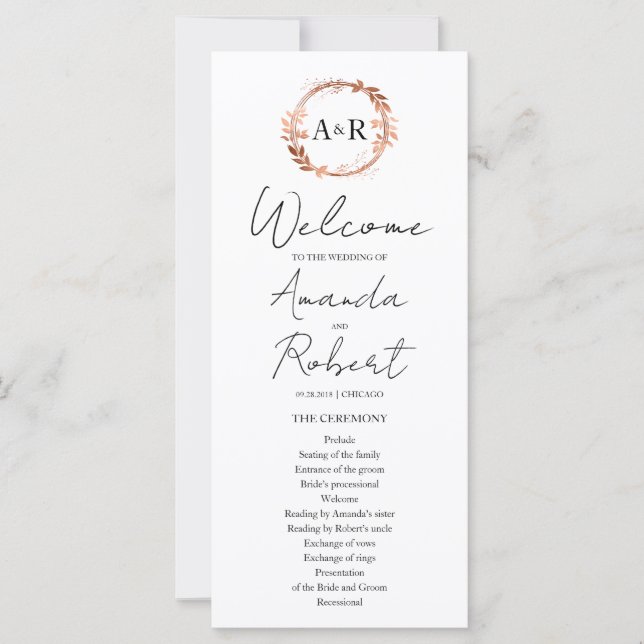Monogram Wreath Rose Gold Foil Wedding Program (Vorderseite)