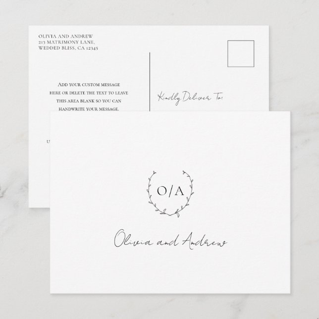 Monogram Wreath Wappen Elegant Wedding Vielen Dank Postkarte (Vorne/Hinten)