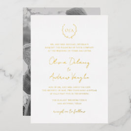 Monogram Wreath Wappen Foto Elegante Wedding Gold Folieneinladung