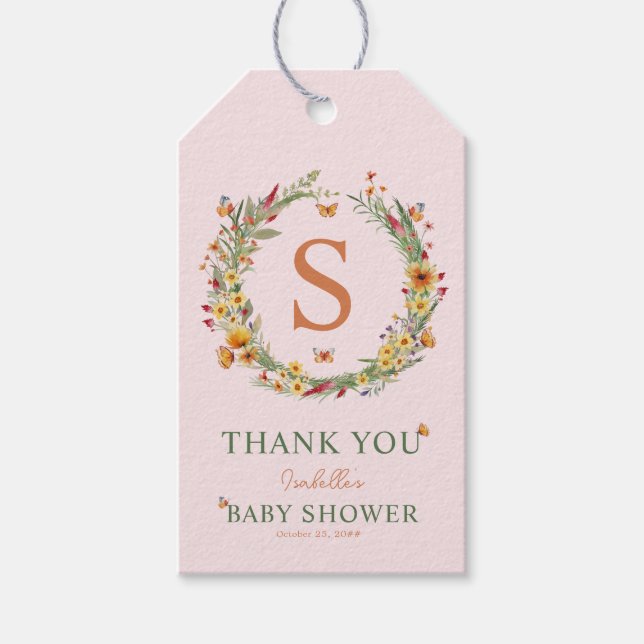 Monogram Wreath Wildblumen Babydusche Vielen Dank Geschenkanhänger (Vorderseite)