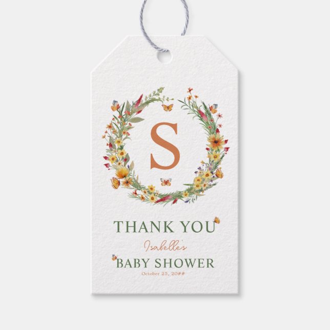 Monogram Wreath Wildblumen Babydusche Vielen Dank Geschenkanhänger (Vorderseite)