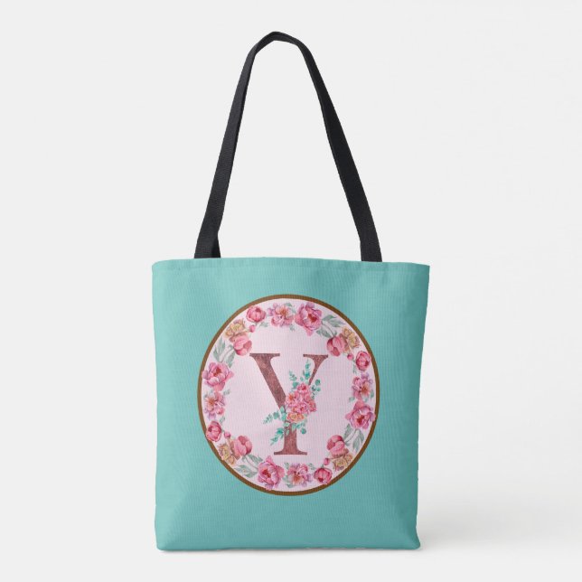 Monogram Y Letter with Peony Blume Image Toag Tasche (Rückseite)