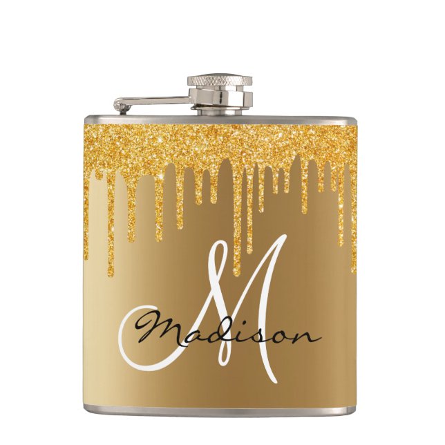 Monogram Yellow Gold Glitzer Tropfen Girl Flachmann (Vorderseite)