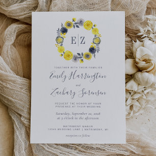 Monogram Yellow Graue Floral Wreath Wedding Einladung