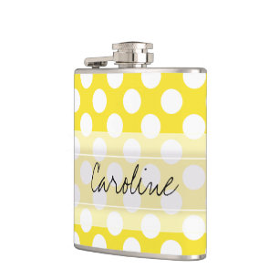 Monogram Yellow White Trendy Fun Polka Dot Pattern Flachmann