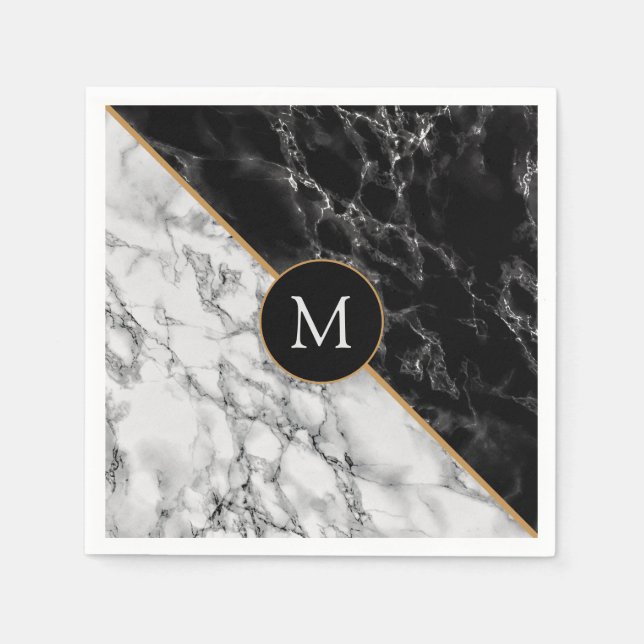 Monogram Your Letter Napkins Schwarz-weißer Marmor Serviette (Vorderseite)