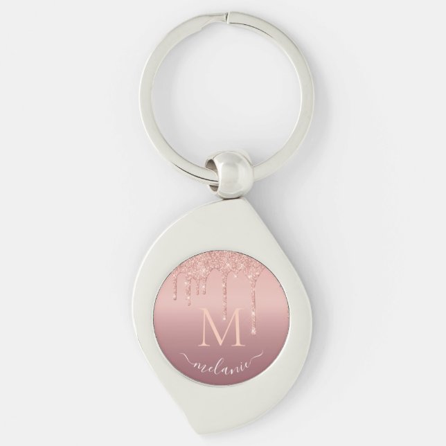 Monogram Your Name Rose Gold Glitzer Schlüsselanhä Schlüsselanhänger (Vorderseite)