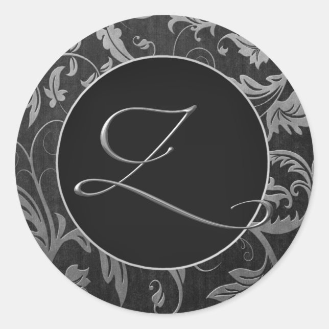 Monogram Z Silver and Black Damask Wedding Siegel Runder Aufkleber (Vorderseite)