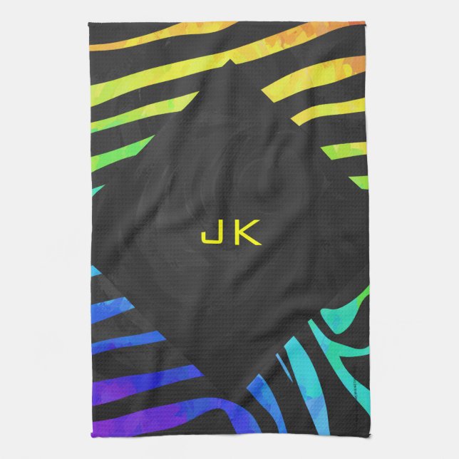 Monogram Zebra Black und Regenbogen Print Geschirrtuch (Vertikal)