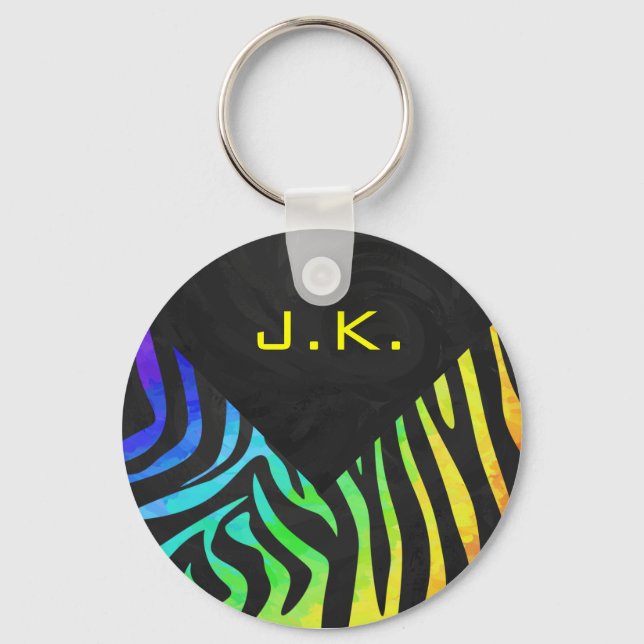Monogram Zebra Black und Regenbogen Print Schlüsselanhänger (Vorderseite)