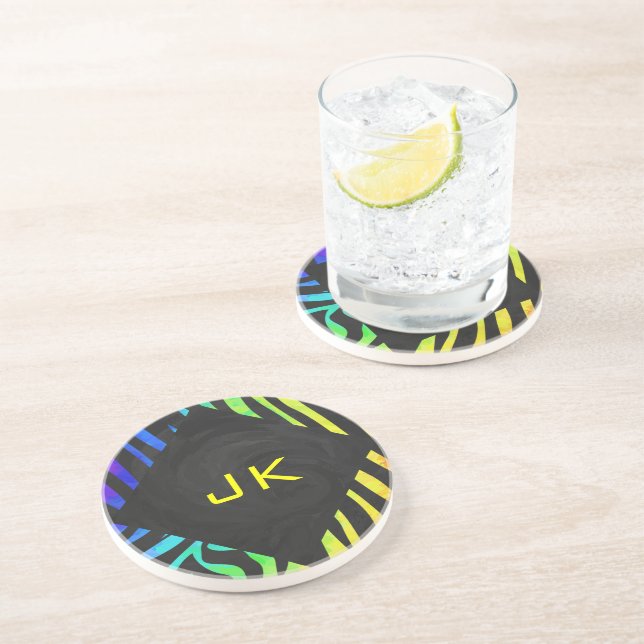 Monogram Zebra Black und Regenbogen Print Untersetzer (Seite)