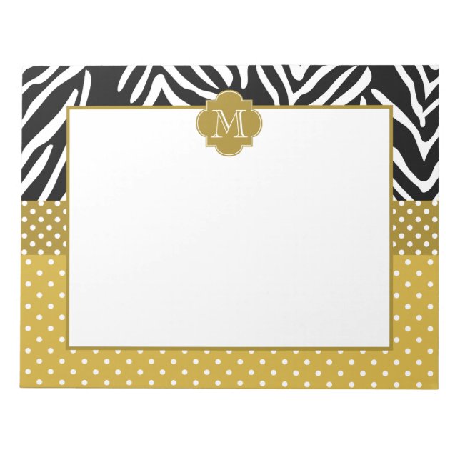 Monogram Zebra mit Gold Polka Dot Pattern Notizblock (Vorderseite)