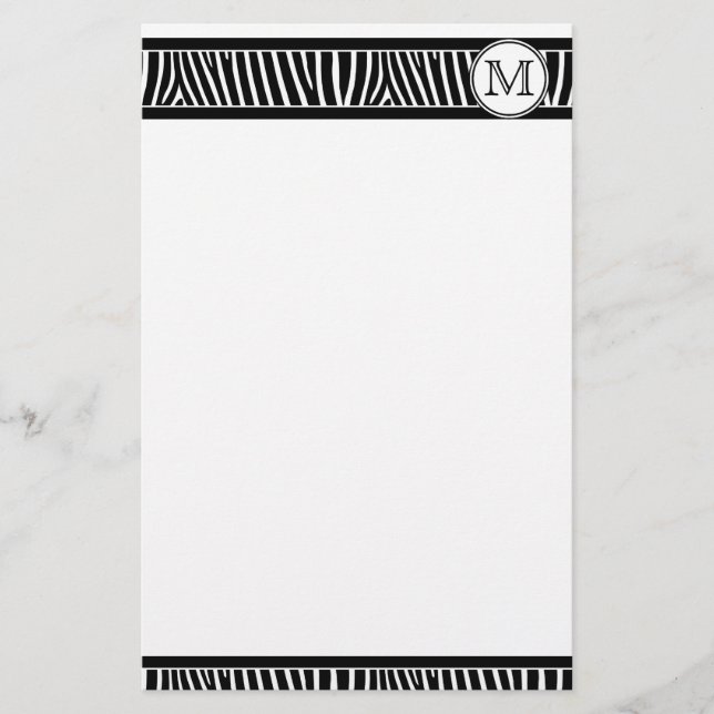 Monogram Zebra Muster Schwarz-weiß Stationery Briefpapier (Vorderseite)