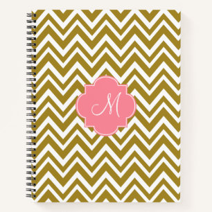 Monogram, Zickzack und weißes Muster mit rosa Notizbuch