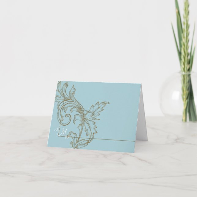 Monogramed Acanthus-Blau dankt Ihnen zu kardieren Dankeskarte (Vorderseite)