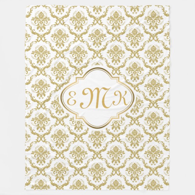 Monogramierte elegante weiße und goldene Floral Da Fleecedecke (Vorderseite)