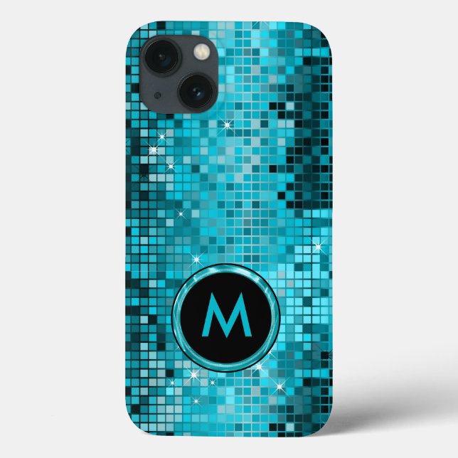 Monogramierter Metallic Turquoise Sequence Glitzer Case-Mate iPhone Hülle (Rückseite)
