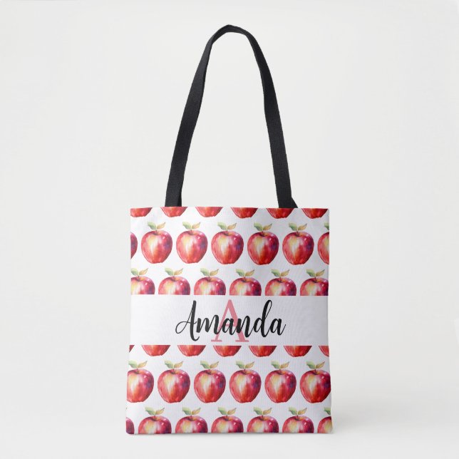 Monogramierter Name des roten Apple-Musters Tasche (Vorderseite)