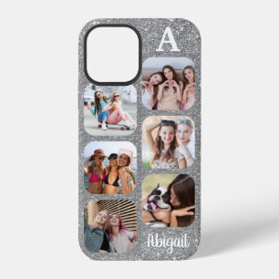 Monogramm 6 abgerundete Fotocollage Silber Glitter iPhone 12 Hülle
