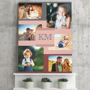 Monogramm 6-Foto-Collage auf Marineblau Rosa und G Leinwanddruck