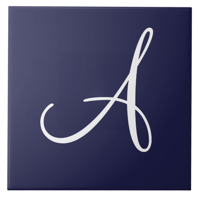 Monogramm A in Weiß auf Navy Blue Fliese (Vorderseite)