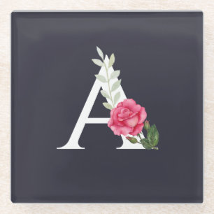 Monogramm A in Weiß Rosa Rose und Blätter Glasuntersetzer