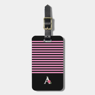 Monogramm A in Weißrosa Rose und Blätter Streifen Gepäckanhänger