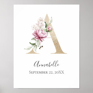 Monogramm A Rosa Weiße Blumen Gold Buchstabe Kinde Poster