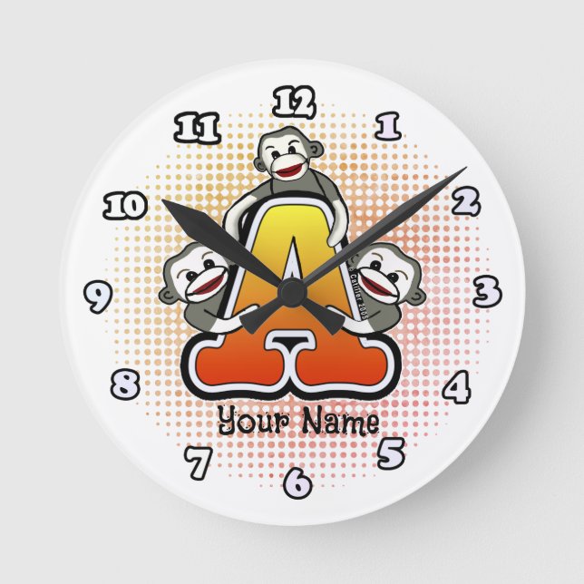 Monogramm A Sock Monkey-Uhr Runde Wanduhr (Vorderseite)