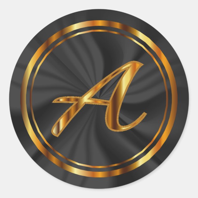 Monogramm A-Z - Metallisches Gold auf schwarzem Sa Runder Aufkleber (Vorderseite)