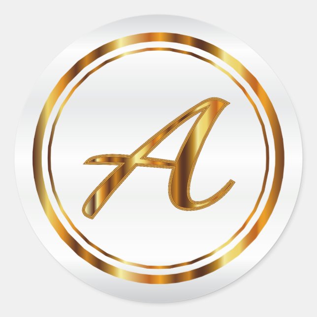 Monogramm A-Z - Metallisches Gold auf weißem Satin Runder Aufkleber (Vorderseite)