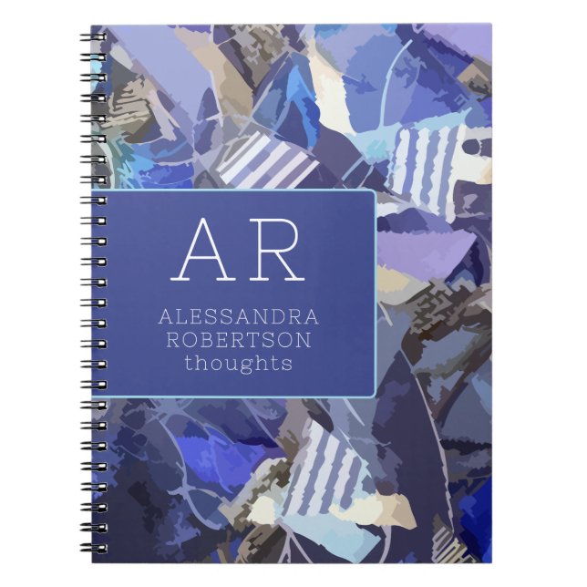 Monogramm abstrakte blaue Navy lila weiße Streifen Notizblock (Vorderseite)