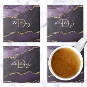 Monogramm Achat Geode Lila Gold Steinuntersetzer