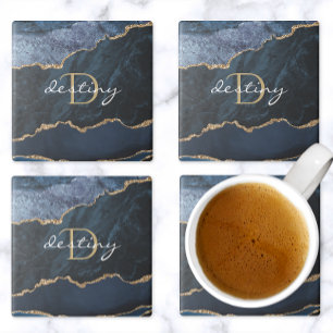 Monogramm Achat Geode Marineblau Gold Steinuntersetzer
