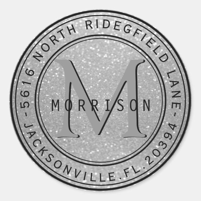 Monogramm-Adressenaufkleber im Silver-Glitzer Runder Aufkleber (Vorderseite)
