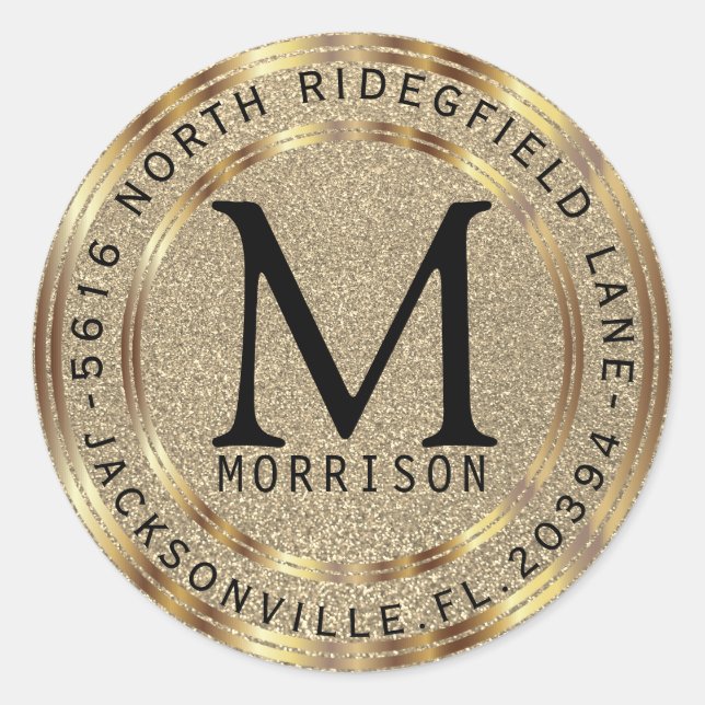 Monogramm-Adressenaufkleber in Gold-Glitzer Runder Aufkleber (Vorderseite)
