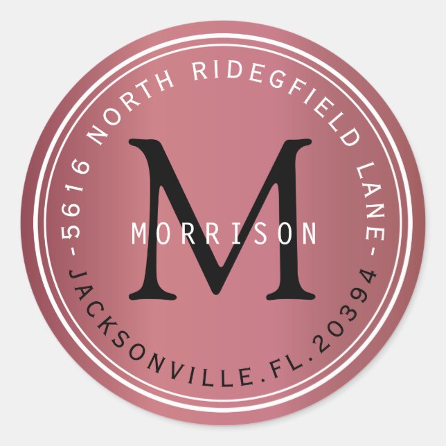 Monogramm-Adressetikett in Dusty-Rose Runder Aufkleber (Vorderseite)