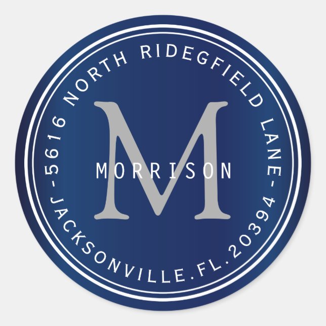 Monogramm-Adressetikett in Navy Blue Runder Aufkleber (Vorderseite)