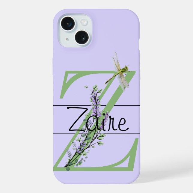 Monogramm Alphabet Z Lavender Eukalyptus Dragonfly iPhone 15 Plus Hülle (Rückseite)